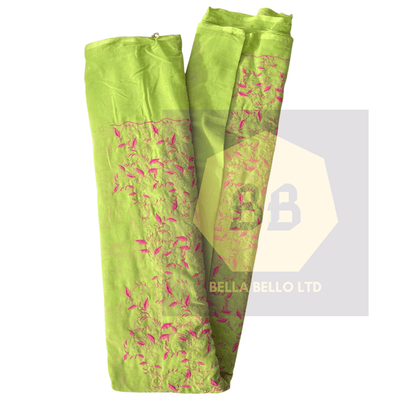 Embroidered Tulle Fabric in Lime and Pink