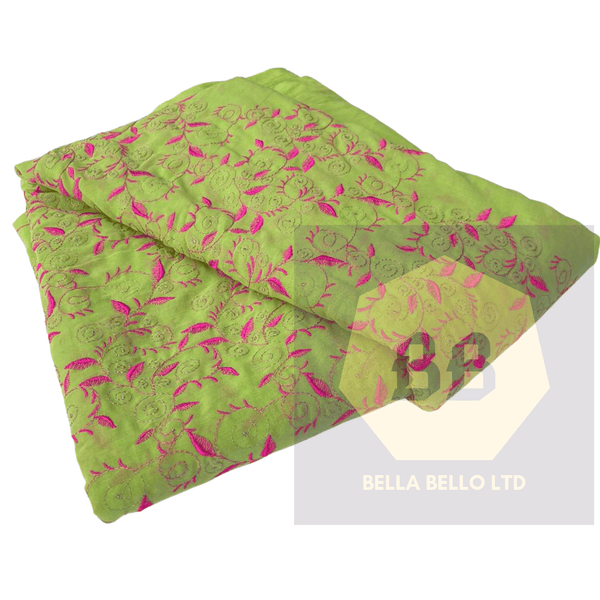 Embroidered Tulle Fabric in Lime and Pink