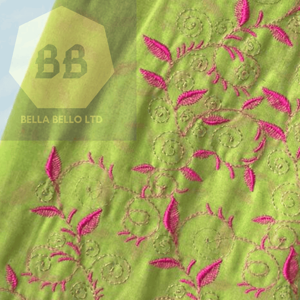 Embroidered Tulle Fabric in Lime and Pink